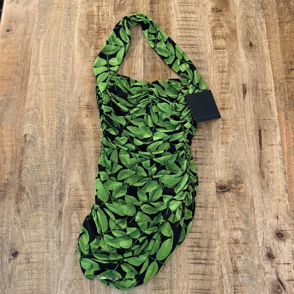 Norma Kamali Bill Mio Green leaves tree Leaf Halter swim bathing suit NWT small